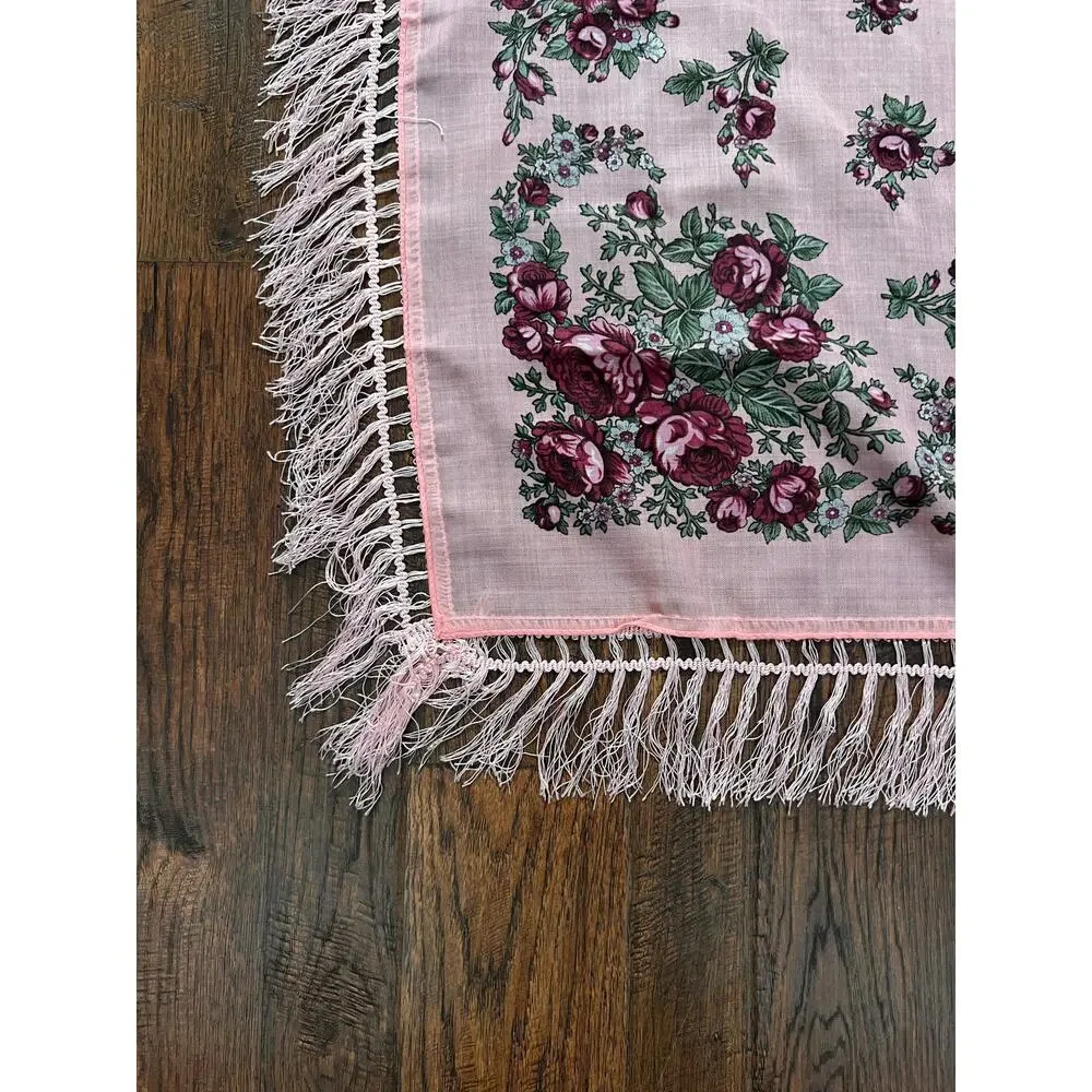 Vintage Kashmir Woole Floral Fringe Scarf - Pink Rose Square Wrap Bohemian Style